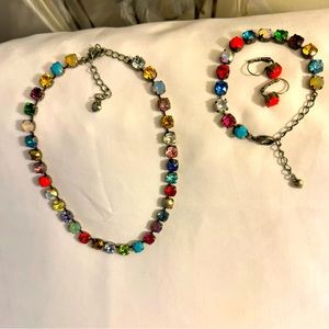 Multicolored necklace, bracelet and pierced earrings with Swarovski crystals.